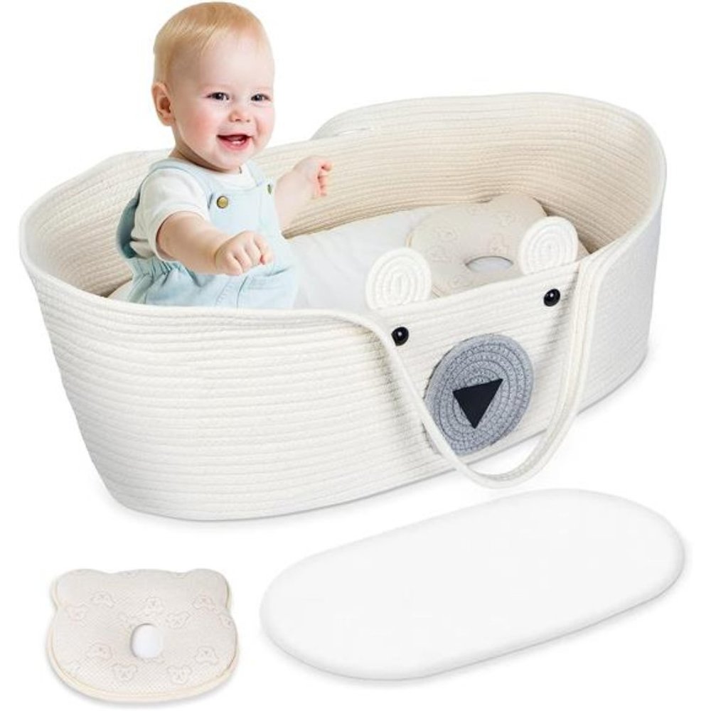 Baby Changing Basket Set of 3,Hand-Woven Moses Basket with Soft Pad & Pillow